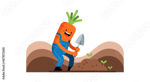 Animated Carrot Character in Overalls Gardening and Planting New Sprouts Outdoors