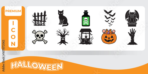 Collection of halloween icons and symbols silhouette