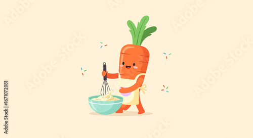 Animated Carrot Preparing Creamy Mixture With Whisk in a Cheerful and Vibrant Kitchen Activity