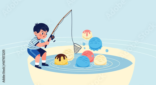A Boy Fishing For Ice Cream Scoops In A Whimsical And Colorful Illustration