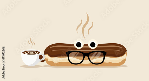 Animated Eclair With Glasses And Coffee, A Delightful Dessert Illustration