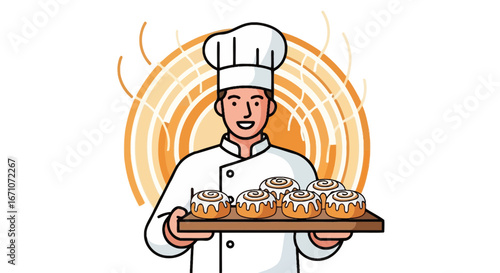 A Cheerful Baker Presenting Freshly Baked Cinnamon Rolls on a Wooden Tray