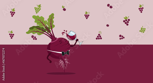 A Cheerful Animation of a Beetroot Character Enjoying Wine and Grapes on a Colorful Background