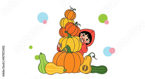 A Cheerful Little Girl Celebrating Harvest Season with Assorted Pumpkins