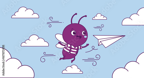 A Cheerful Insect Character Soars Through the Sky with a Paper Airplane, Joyful Flight