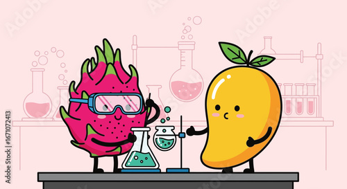 Animated Fruits In Lab Coats Conducting Amusing Science Experiments With Test Tubes