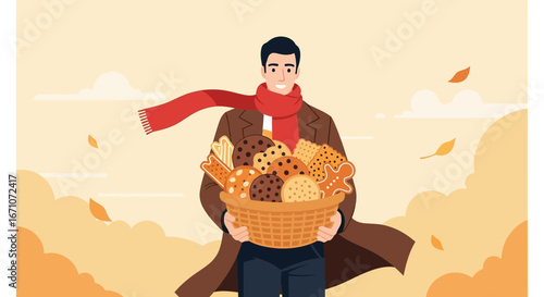A Cheerful Man Holding A Basket Of Delicious Baked Goods In Autumn Season