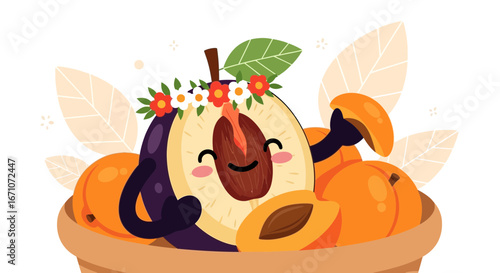 Animated Fruits Presenting Apricots and Plums in a Friendly and Whimsical Illustration