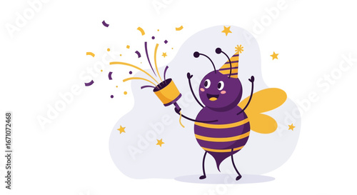 Animated Illustration Of A Cheerful Bee Celebrating With Confetti And A Party Hat