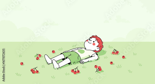 A Child's Idyllic Moment: Reclining on a Meadow with Red Berries in Sunshine