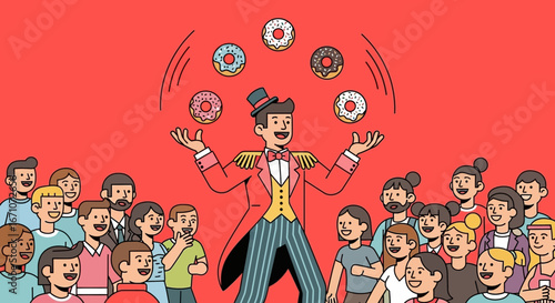 A Circus Performer Juggling Sweet Doughnuts Delights Crowd With A Bold Red Background
