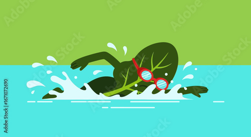 Animated Leaf Swimmer Swimming in Water with Red Goggles for Healthy Lifestyle Scenes