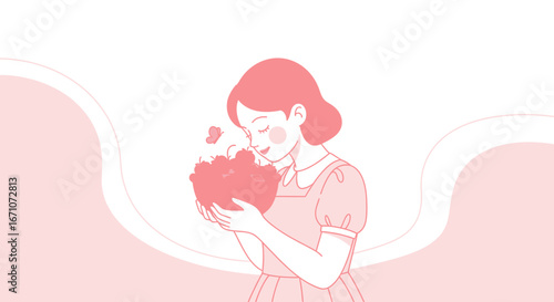 A Delightful Illustration of a Young Woman Embracing a Floral Bouquet, Lovely Mood