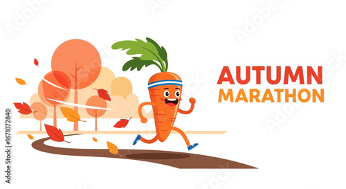 Animated Marathon Runner Carrot In Autumn Season With Falling Leaves And Trees