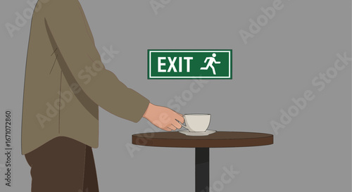 A Figure Reaching For Coffee Cup Near An Exit Sign Vector Illustration Artwork