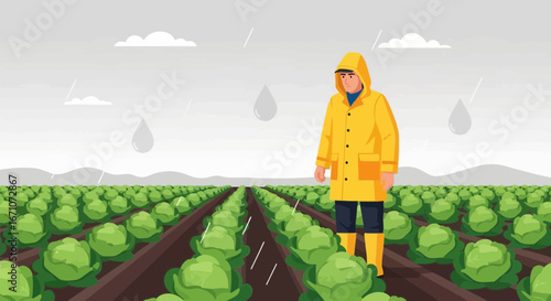 A Farmer Inspecting Crops Under Rainfall in Cabbage Field During Cloudy Day