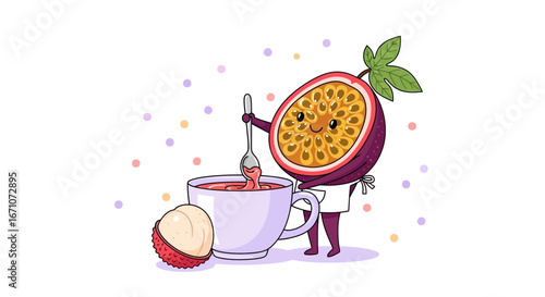 Animated Passion Fruit Serving Tea Alongside Lychee Fruit, Adorable and Playful