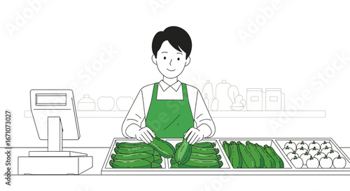 A Grocer Preparing Produce, Fresh Vegetables, and Friendly Customer Service Illustrated