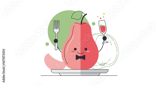 Animated Pear Character with a Bow Tie and a Celebratory Drink Vector Illustration