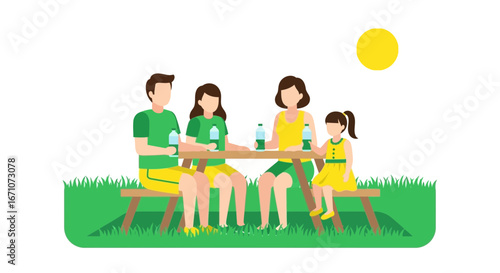 A Happy Family Enjoying A Picnic Outdoors On A Sunny Day And Refreshing Drinks