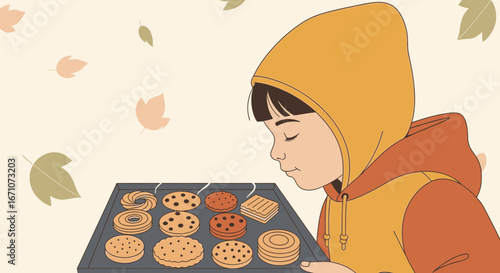 Animated Portrait Of A Child Smelling Freshly Baked Cookies With Autumnal Leaves