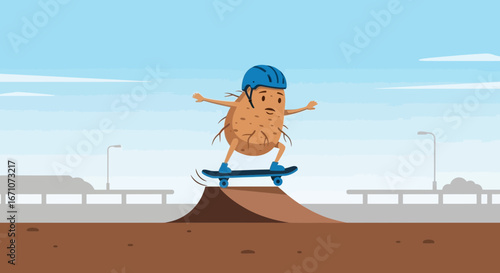 Animated Potato Character Attempting A Skateboard Ramp Trick In A Sunny And Bright Day
