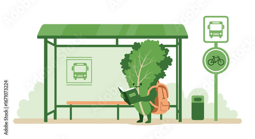 A Leafy Character Waits Patiently at a Bus Stop While Reading a Book, Eagerly