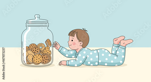 A Little Child Reaches For Cookies In a Glass Jar, Craving a Sweet Treat