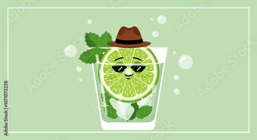 A Lime Slice Character Cooly Poses Within a Glass of Refreshing Beverage