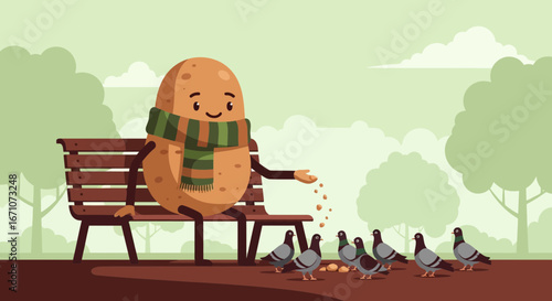 Animated Potato Character in Scarf Feeds Pigeons While Relaxing on Park Bench Scene