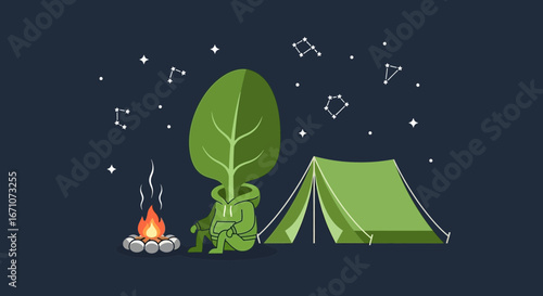 A Lonely Leaf Person Camping Under A Starry Night Sky Next To A Campfire Scene