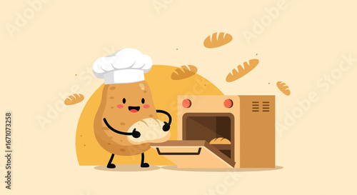 Animated Potato Chef Baking Bread In A Cute Oven Cartoon Illustration Design