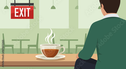 A Man Contemplating Near A Table With Coffee And Exit Sign During A Cafe Break