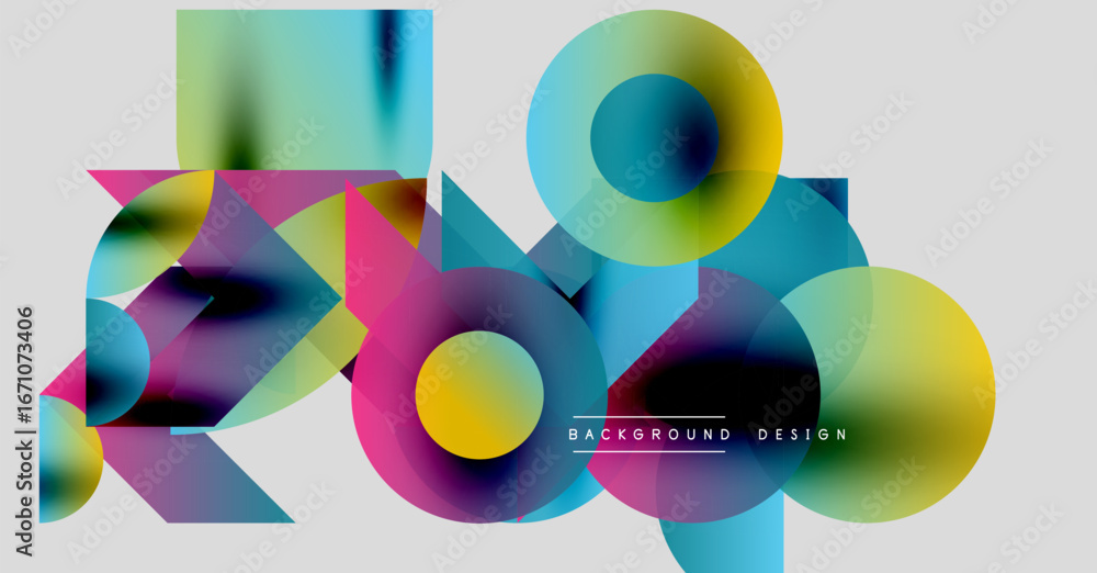 Fototapeta premium Abstract vibrant shapes overlap. Colorful geometric design creates modern visual texture. Background elements suggest dynamic composition.