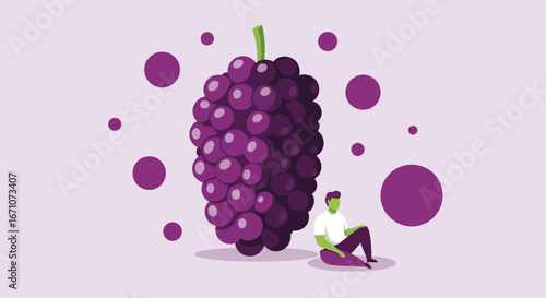 A Person Contemplating A Giant Purple Grape With Geometric Circular Decorations