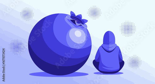 A Person Contemplating The Absurdly Large Blueberry In A Minimalist Scene