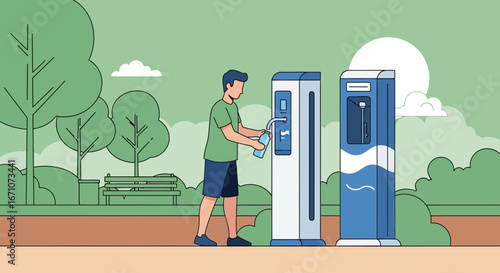 A Person Filling A Water Bottle At A Public Water Dispenser In The Park