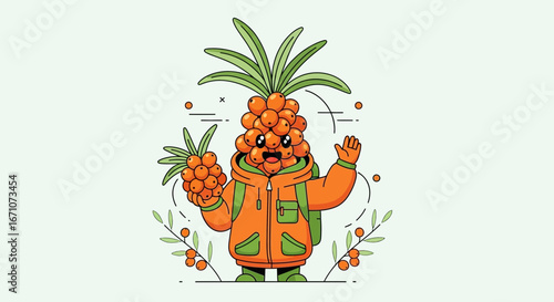 Animated Sea Buckthorn Character Welcoming With Open Arms And Presenting Berries