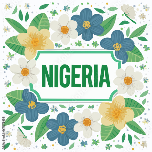 Nigeria vector design surrounded by blooming flowers and elegant line art.