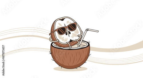 A Relaxing Coconut Character Enjoying Sun, Sipping A Beverage with Sunglasses