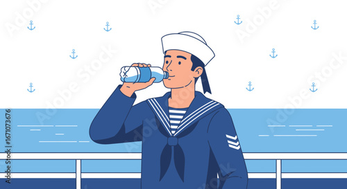 A Sailor Staying Hydrated While Sailing Upon The Deep Blue Ocean Waters