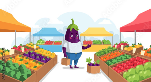 Animated Vegetable Character Browsing Farm Fresh Produce Displayed at the Farmers Market
