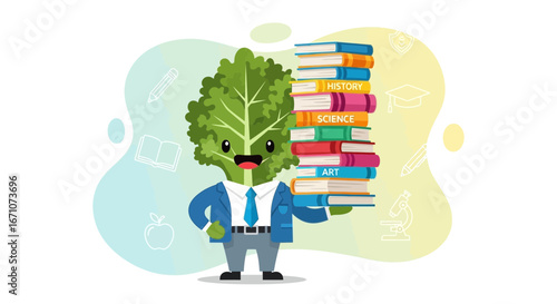 Animated Vegetable Character Holding Pile Of Colorful Books Represents Education And Knowledge.