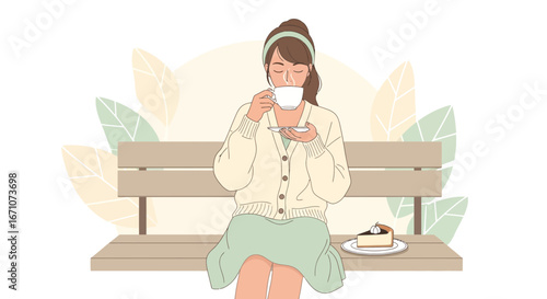 A Serene Moment: Woman Sipping Coffee and Enjoying Cake Sitting On A Bench