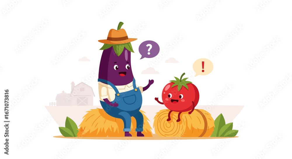 Fototapeta premium Animated Vegetables Discussing Ideas While Sitting On Bales Of Hay In A Farm