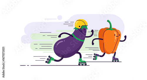 Animated Vegetables Skate Together Having Fun Enjoying The Energetic Sports Activity