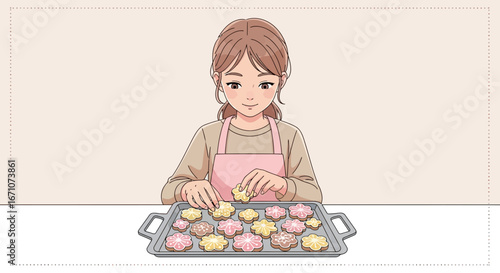 Animated Woman Arranges Floral Cookies On A Baking Sheet In A Delightful Kitchen Scene