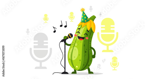 Animated Zucchini Character Singing into Microphone Performing, Joyful Musical Concert