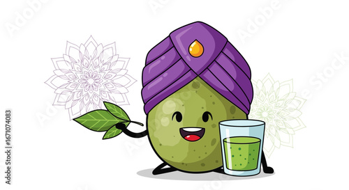 A Whimsical Avocado Character Adorned With a Turban And A Refreshing Green Smoothie