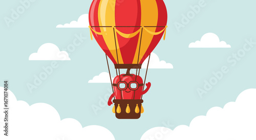 A Whimsical Adventure: The Red Pepper Pilot Soars Through The Azure Sky Above Fluffy Clouds